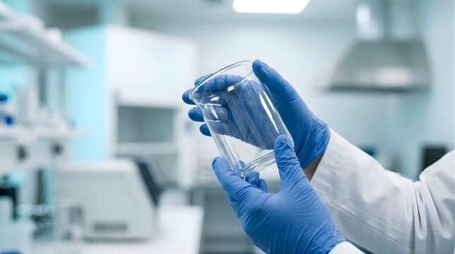 Scientist holding empty glass beaker in laboratory for medical research