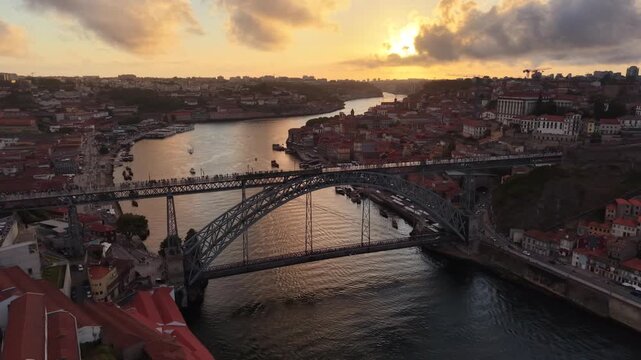 Aerial View of Dom Lu&iacute;s I Bridge and Douro River Porto Portugal