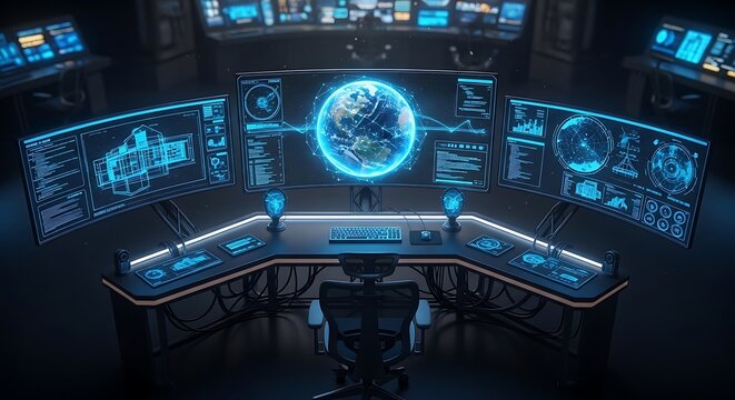 Futuristic Cyberpunk Command Center Control Room with Blue Holographic Globe Display and Multiple Data Screens in Dark Sci-Fi Mission Room Setting