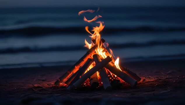 Bright campfire burning on a dark beach at night illustration