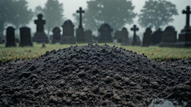 A fresh mound of dark soil over a grave in a misty cemetery with tombstones in the background