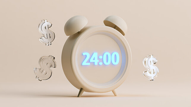 Minimalist digital alarm clock displaying 24:00, surrounded by shimmering dollar symbols, representing the concept of time and money in balance