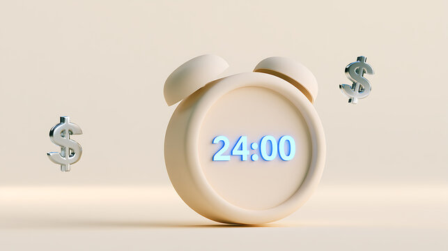 Time management and financial success concept with alarm clock showing 24:00 and floating currency symbols on light background