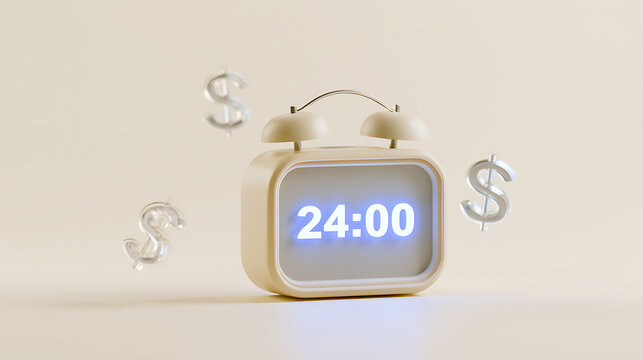 Time and Money Concept: Digital Alarm Clock with Blue 24:00 Display Surrounded by Floating Silver Dollar Symbols on a Minimalist Background