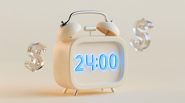 Time is Money Concept: Modern Digital Alarm Clock Displaying 24:00 with Two Floating Dollar Symbols, Representing Financial Value
