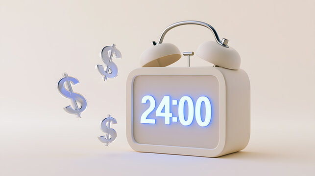Time is Money Concept: Modern Digital Alarm Clock with 24:00 Display and Floating Dollar Signs Representing Financial Value