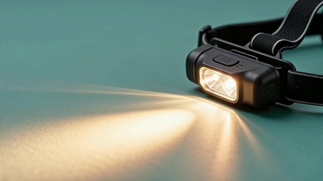 Matte black head torch on teal surface gradually brightening its beam, illuminating the area with a warm glow, showcasing its adjustable light intensity and design features