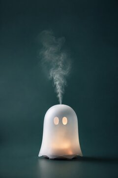 White Ghost Shaped Humidifier with Mist on Dark Teal Background
