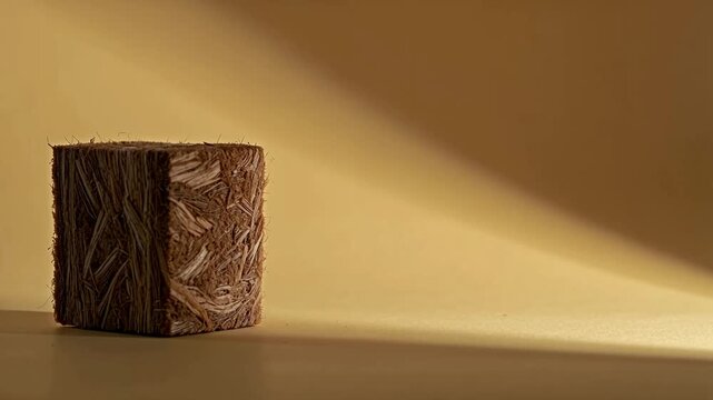 Rockwool growing cube positioned on a mustard backdrop, showcasing its textured surface and natural fibers in a series of three sequential frames highlighting light and shadow