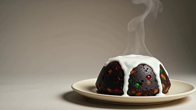 Dark Christmas pudding with colorful fruit pieces on a cream plate, white icing melting down, steam rising, showcasing festive holiday dessert presentation