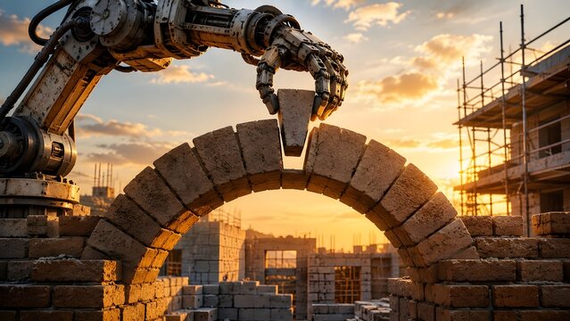 Sophisticated robotic arm delicately places the keystone in a brick arch, representing the future of automated construction and technological building innovation.