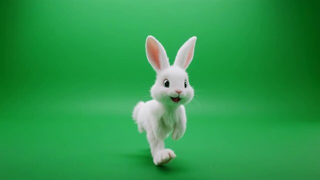 Cute white bunny hopping with joy on a vibrant green screen background