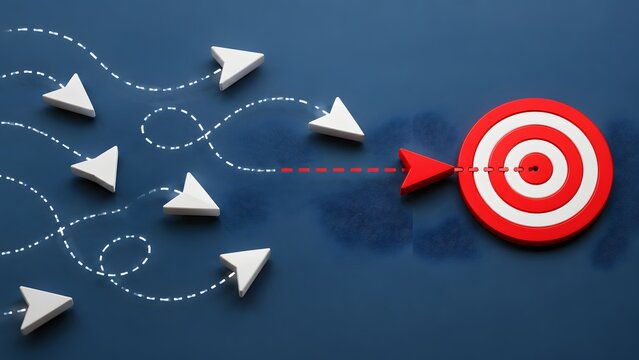 The power of a focused strategy, as one red arrow perfectly hits the bullseye while white arrows miss the clear objective.
