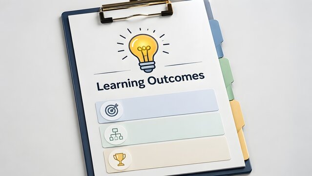 Visualizing key learning outcomes on a clipboard, outlining strategic educational goals, structured processes, and the ultimate achievement of successful results and new ideas.