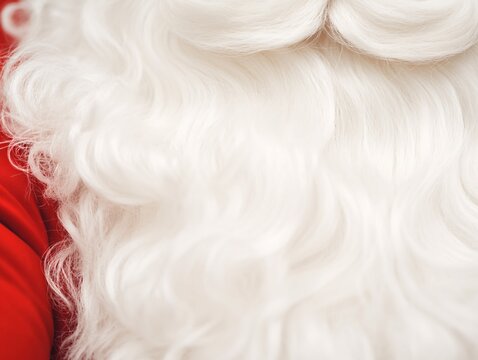 Detailed view of a soft white beard of santa claus adorned with a vibrant red costume creating a festive atmosphere