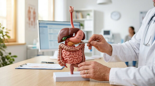 Doctor Explaining Digestive System Model in Medical Office
