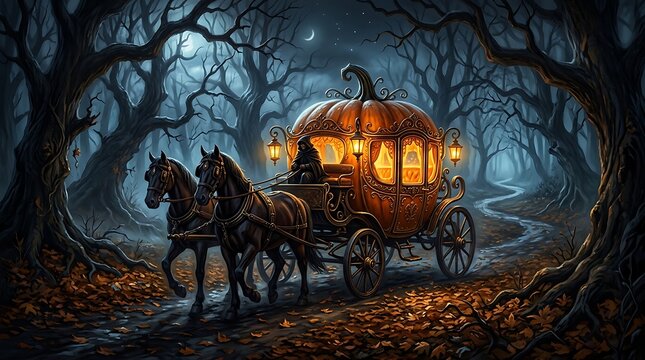A magical glowing pumpkin carriage travels through a dark spooky forest wishing everyone a very happy halloween night