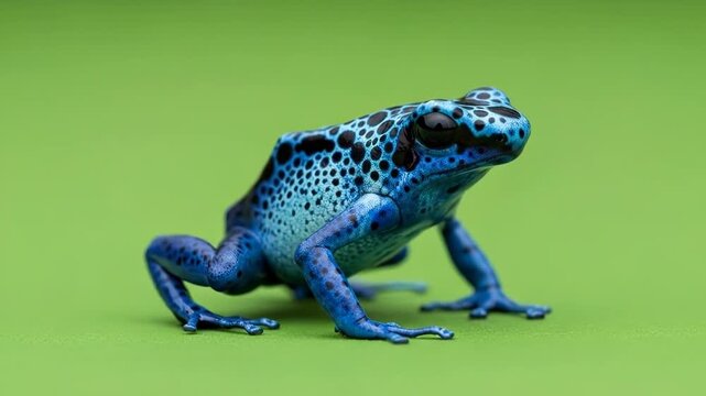 A vibrant blue poison dart frog with black spots on a bright green background
