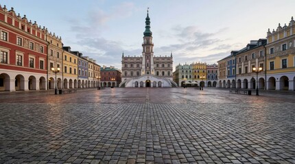 Fototapeta premium Historic Town Square with Colorful Buildings and Cobblestone Pavement.