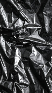 Abstract dark crumpled metallic foil texture background, reflective surface with deep shadows and highlights
