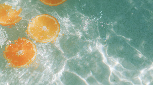 orange slice floating in turquoise pool water amid sparkling ripple top view for refreshing wellness ads and web design
