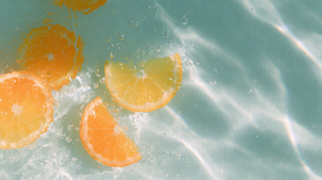 orange slice floating in turquoise pool water amid sparkling ripple top view for refreshing wellness ads and web design
