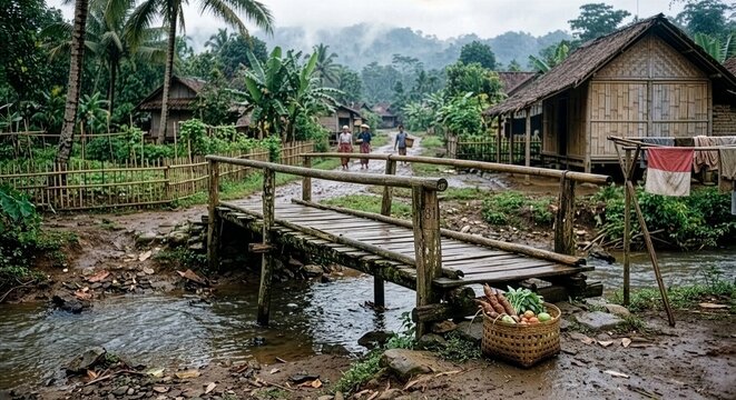 Traditional Rural Indonesian Village with Bamboo Bridge and Symbolic 81st Independence Detail