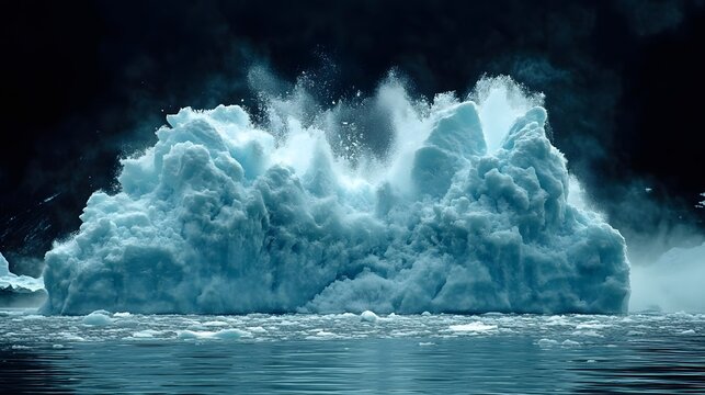 Dramatic glacier calving into ocean with misty spray and dark sky backdrop capturing raw Arctic power and serene wilderness for travel, environmental, or adventure themed projects.