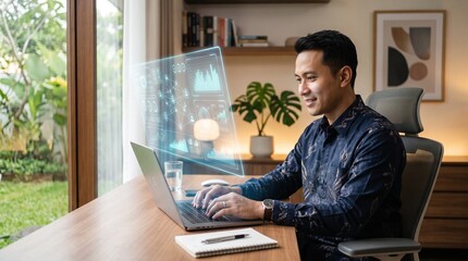 Obraz premium Young Smiling Businessman Working on Laptop at Office Desk Using Computer Technology for Business, Internet Communication, and Professional Work
