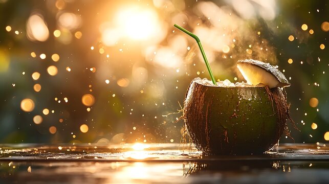 Refreshing coconut cocktail at sunset