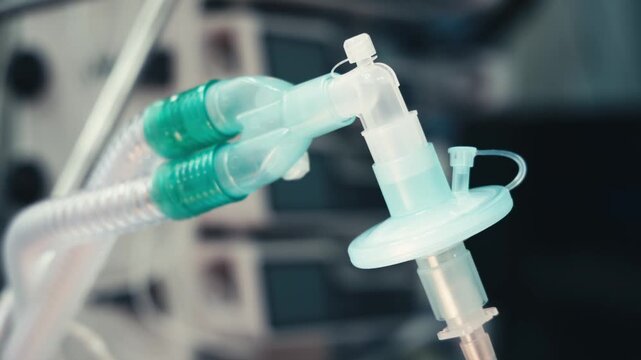 Close-up of medical breathing tubing connected to an anesthesia machine. Concept respiratory support, mechanical ventilation and modern medical technology.