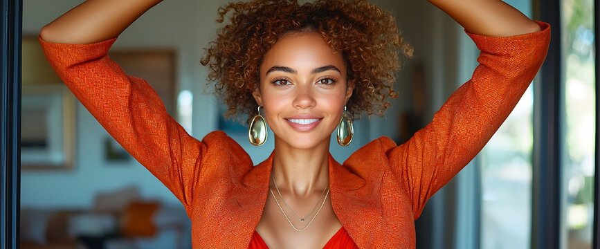 Smiling woman in orange jacket, arms raised, indoor home
