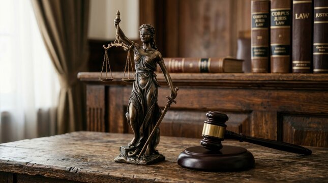 Justice Symbol Statue and Gavel on Wooden Desk with Bookshelf Background.