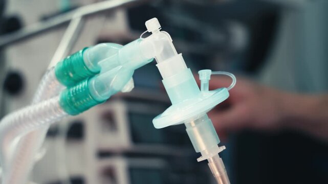Close-up of an anesthesia breathing circuit in a modern operating room. Concept respiratory support, anesthesia equipment, ventilation and patient care.