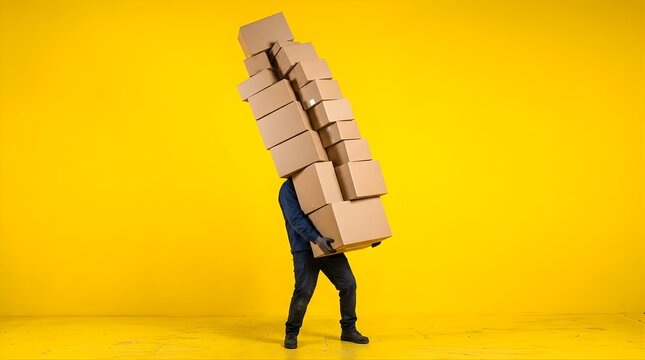 Courier carrying a tall stack of cardboard boxes against yellow wall