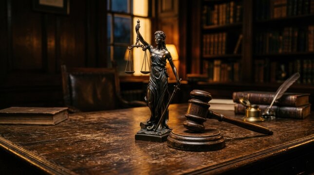 Justice Symbolism and Legal Gavel on Antique Desk in Library Setting.