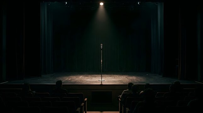 Empty stage with microphone illuminated by a single spotlight in theater