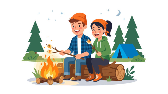 Happy couple roasting marshmallows over campfire during a camping trip at night