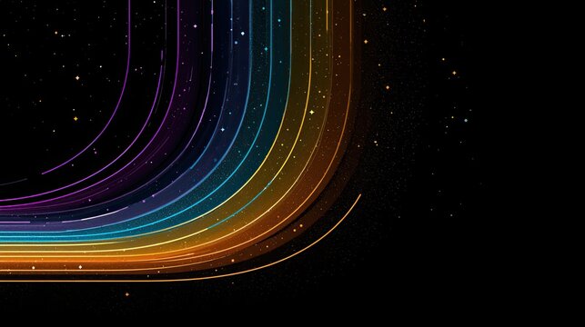 Black starry sky abstract background, colorful flowing light trails, twinkling four‑point stars, purple‑blue‑orange‑yellow gradient meteor, dreamy cosmic illustration