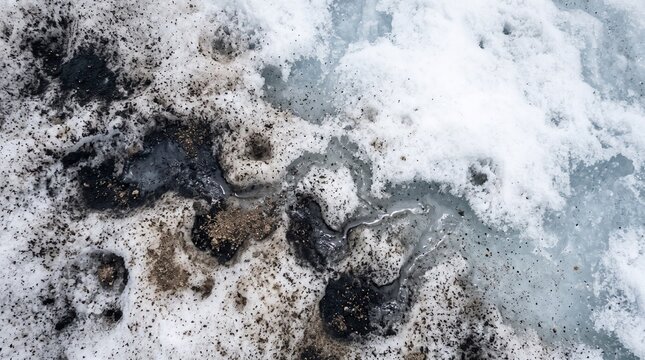 Dark particles on glacier, soot and dust covering melting snow, square environmental detail, blue ice runoff channels, stark negative space for climate science content
