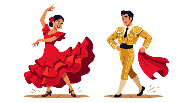 Vibrant flamenco dancer in red dress and bullfighter in gold suit celebrating Spanish culture