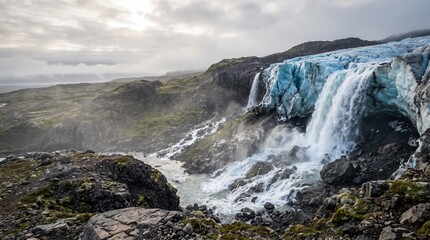 Fototapeta premium Glacier meltwater waterfall, blue ice pouring over dark rock, wide environmental landscape, dramatic mist and flowing water, horizontal copy space for climate campaigns