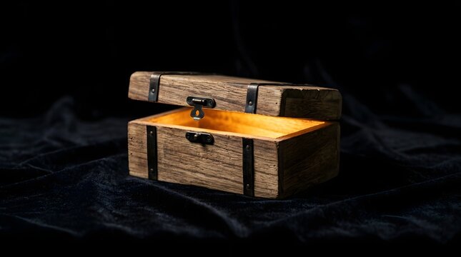 Glowing open antique wooden chest on dark fabric background for concept