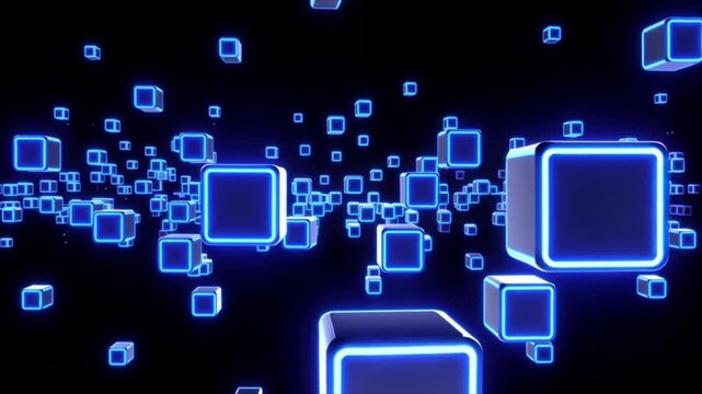 Glowing blue neon cubes float and rotate against a deep black background in a seamless futuristic animation.
