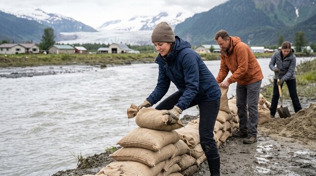 Community flood preparation, volunteers stacking sandbags beside glacier fed river, coordinated disaster response, horizontal valley scene with practical copy space