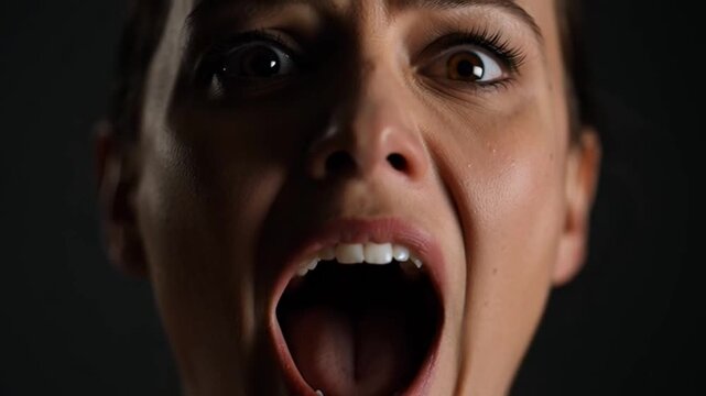 Close up portrait of a woman expressing intense anger and screaming in a dark studio.