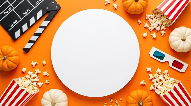 Flat lay of cinema movie night concept with popcorn pumpkins and film clapperboard on orange background