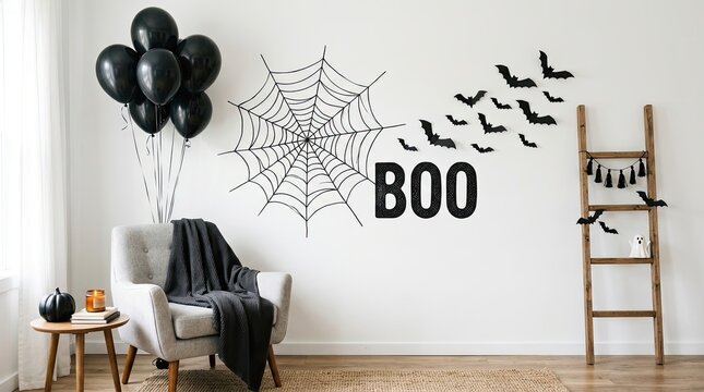 Festive halloween decorations with balloons bats and a spooky boo message indoors