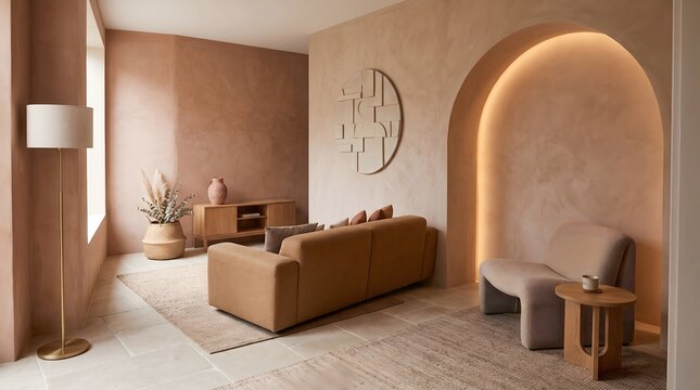 Warm Brown Modern Living Room with Arched Accent Wall and Curved Sofa