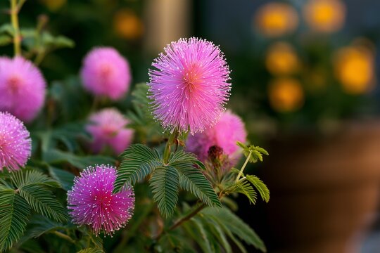 Close Up of Mimosa Pudica Pink Pom Pom Flowers in Garden